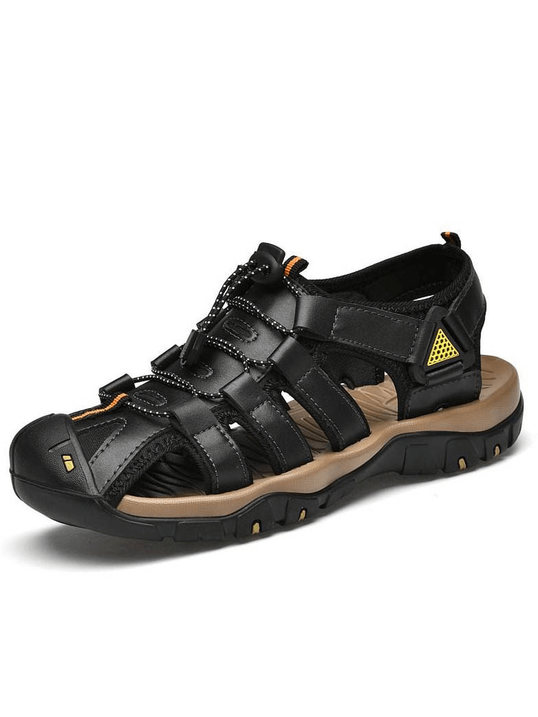 Men's genuine leather lightweight outdoor beach sandals with rubber outsole, elastic straps, and breathable mesh lining - SF0653.