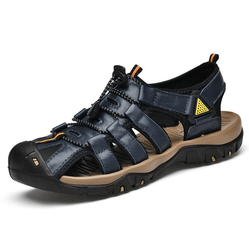 Men's genuine leather sandals, lightweight outdoor beach shoes SF0653 with solid pattern, rubber outsole, and elastic straps.