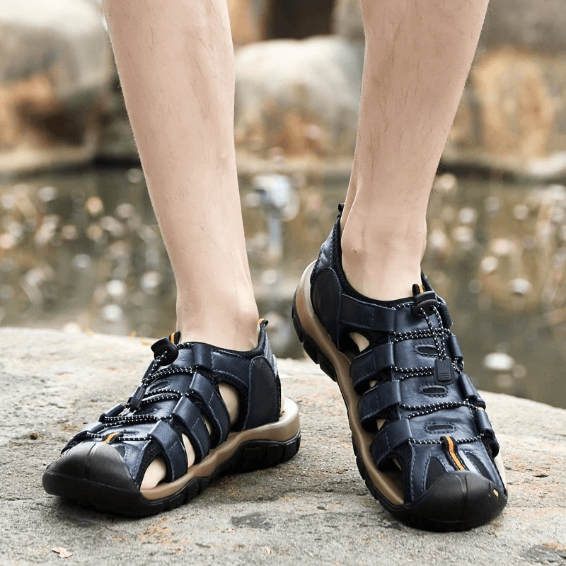 Men's genuine leather lightweight sandals with elastic straps and rubber outsole, perfect for outdoor beach activities.