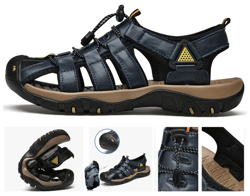 Men's genuine leather lightweight outdoor beach sandals SF0653 with adjustable elastic straps and durable rubber outsole.