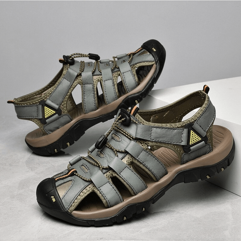 Men's leather lightweight beach sandals with elastic straps and rubber outsole, perfect for outdoor activities - Model SF0653