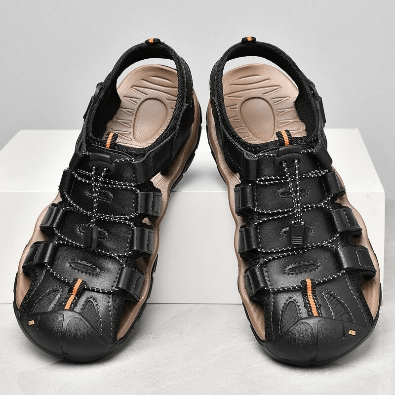Men's Genuine Leather Outdoor Beach Sandals SF0653 with elastic straps and rubber outsole for comfort and durability.