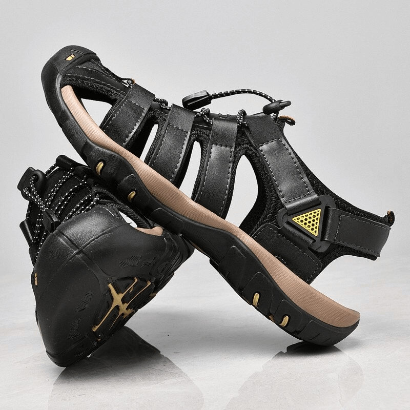 Men's genuine leather lightweight sandals, black with rubber outsole and yellow accents, perfect for outdoor and beach activities.