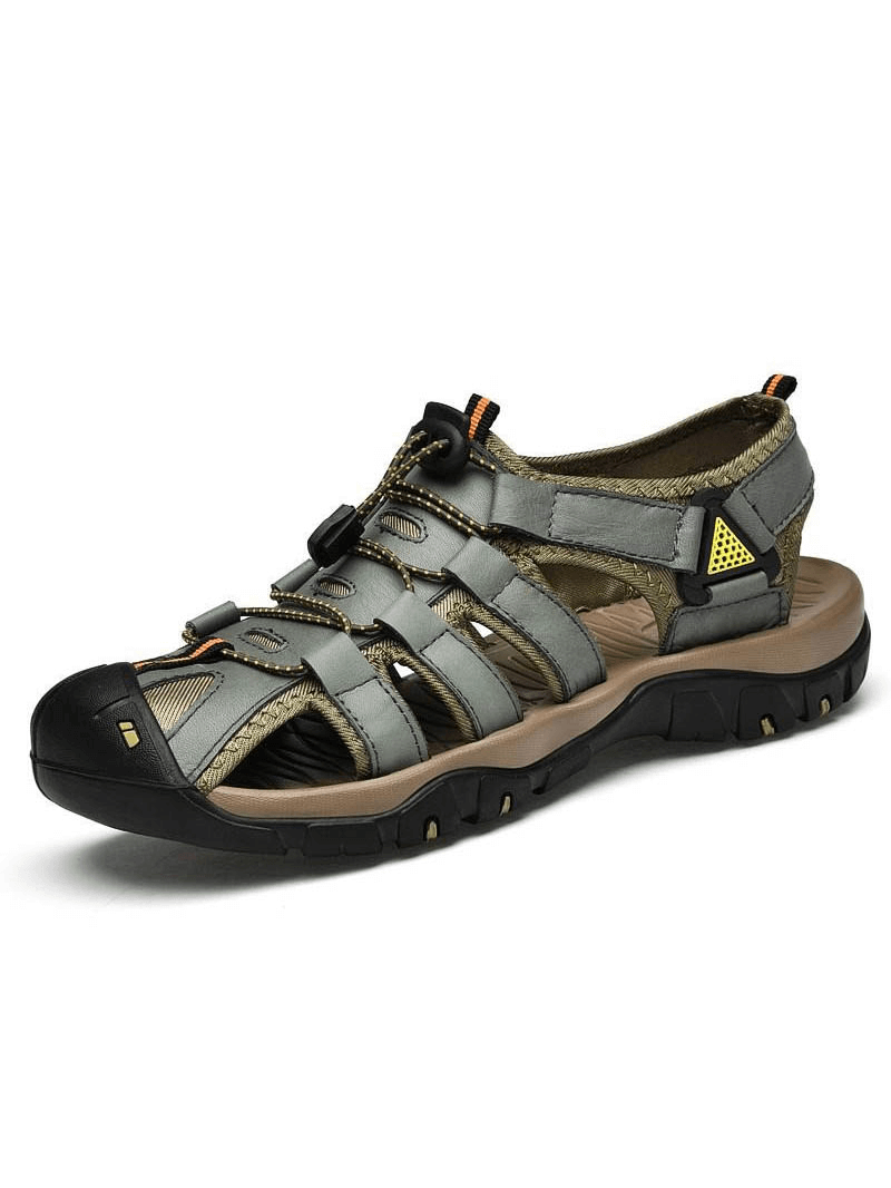 Men's genuine leather lightweight sandals for outdoor adventures, featuring durable rubber outsole and breathable mesh lining.