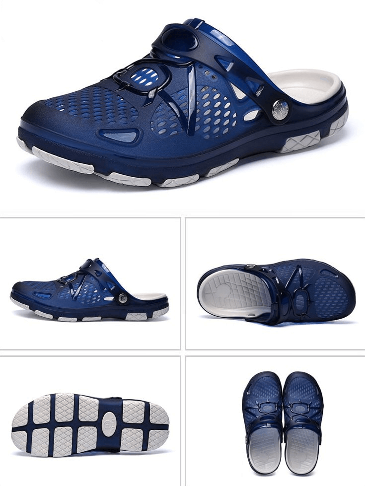 Men's navy breathable beach flip flops with locking strap, showing open heel and durable rubber outsole, style SF1098.