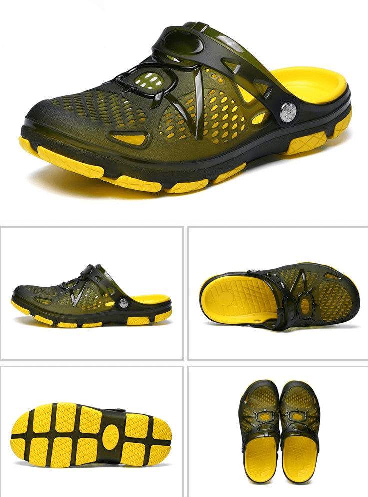 Men's lightweight breathable open heel beach flip flops with locking strap, featuring yellow and black design, SF1098.