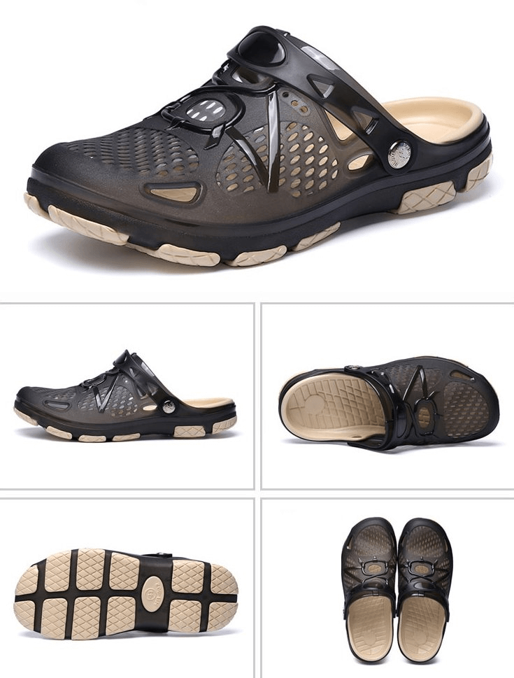 Men's Lightweight Breathable Open Heel Beach Flip Flops with Locking Strap in black, shown from various angles.