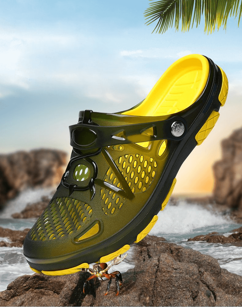 Men's lightweight breathable open heel flip flops with locking strap, perfect for beach adventures, shown in scenic coastal setting.