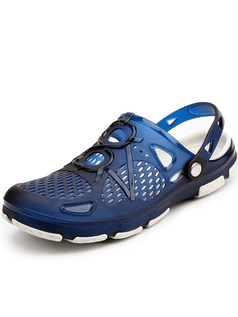 Men's blue lightweight breathable beach flip flop with locking strap and open heel design, ideal for comfort and durability.