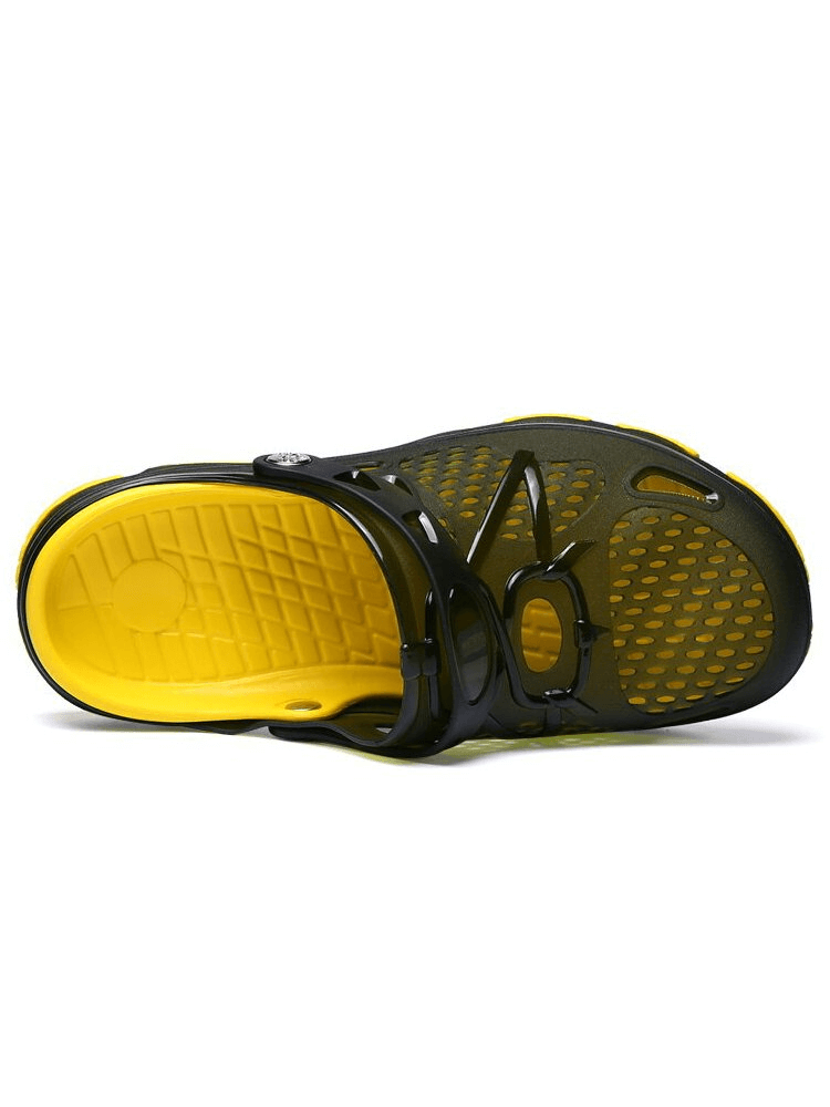 Yellow and black men's lightweight breathable beach flip flops with open heel and locking strap for secure fit.