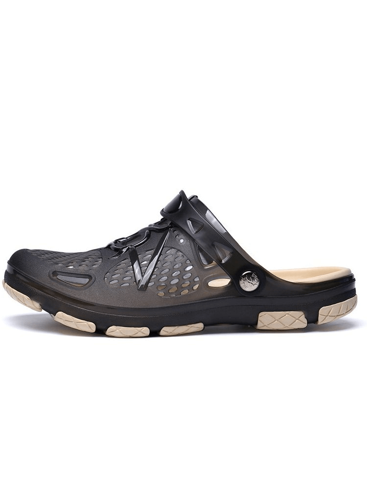 Men's lightweight breathable open heel flip flops with locking strap, black with tan soles, side view.