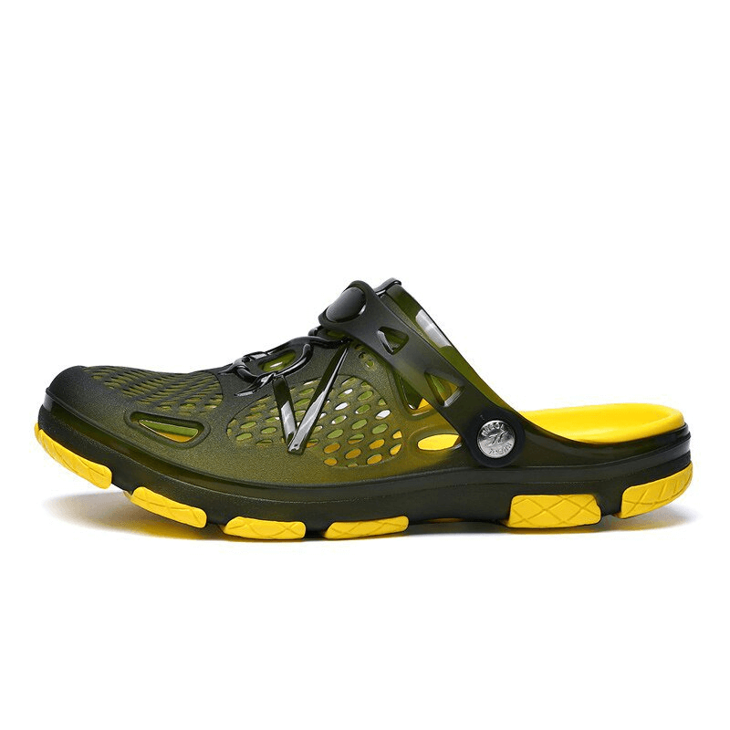 Men's lightweight breathable open heel beach flip flops with locking strap, black and yellow design, perfect for summer comfort.