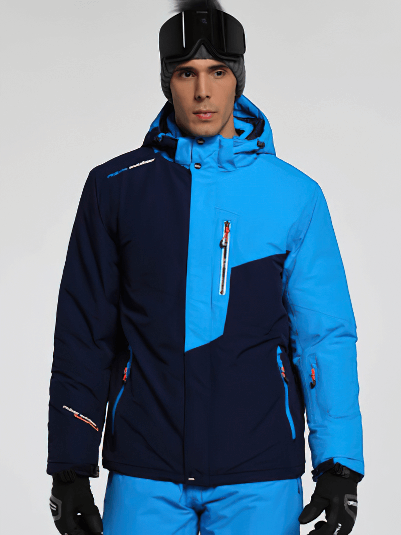 Men's ski jacket with blue and black design, detachable hood, wearing model, showcasing windproof and waterproof features.