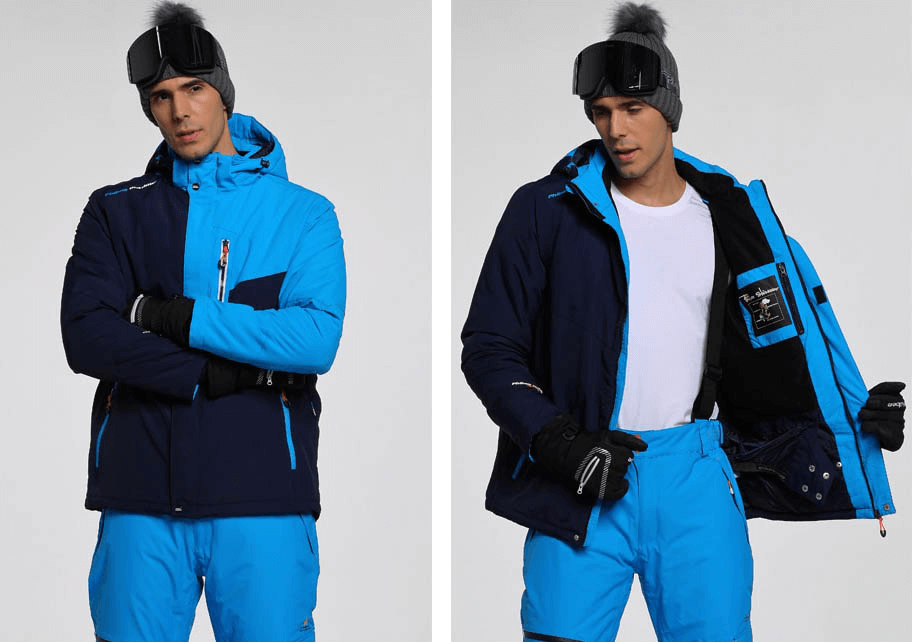 Man wearing blue Men's Micro Fleece Ski Jacket with Detachable Hood, showcasing windproof and waterproof features for extreme cold.