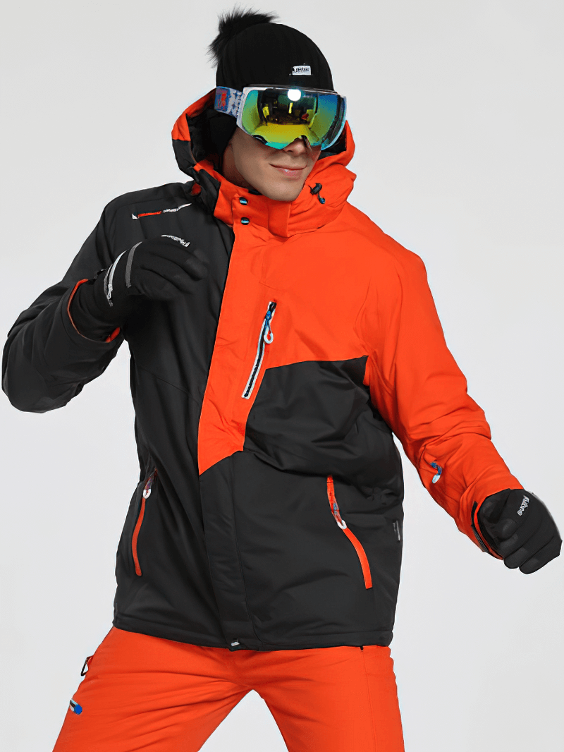 Men's orange and black ski jacket with fleece lining and detachable hood, perfect for skiing in cold weather up to -35°C.