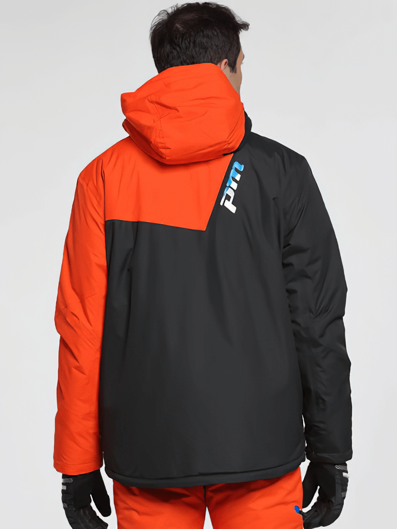 Men's black and orange ski jacket with detachable hood, perfect for extreme cold. Features windproof, waterproof, and breathable fabric.
