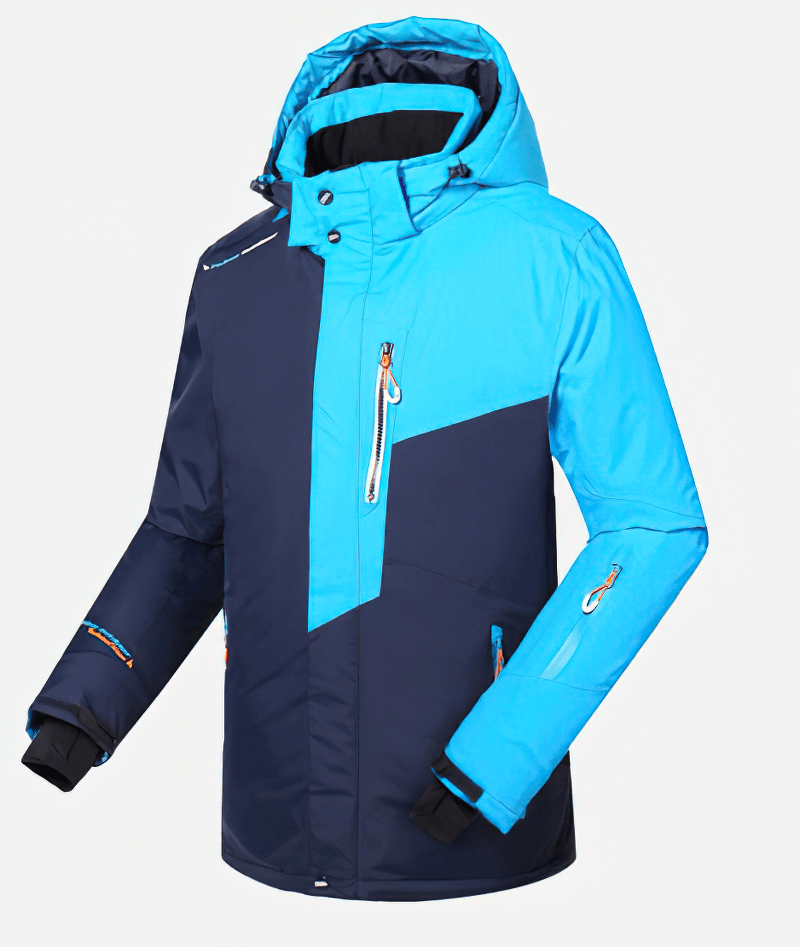 Stylish men's ski jacket in blue with detachable hood, featuring micro fleece lining, windproof and waterproof design for cold temperatures.