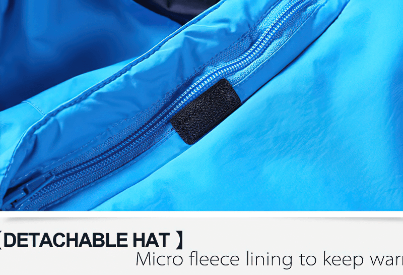 Men's ski jacket with micro fleece lining and detachable hood showcasing blue fabric and zipper closure, model SF0857.