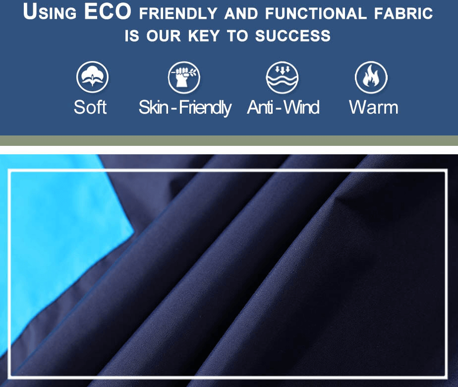 Eco-friendly fabric details of Men's Micro Fleece Ski Jacket showcasing softness, skin-friendliness, anti-wind, and warmth features.