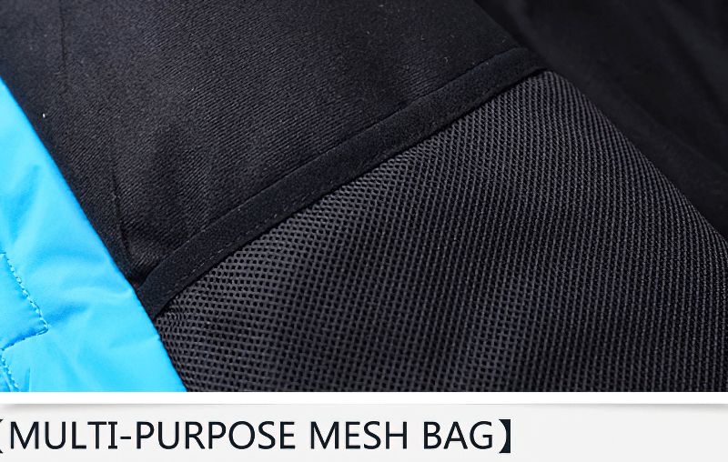 Close-up of black mesh fabric with blue polyester, labeled as multi-purpose mesh bag