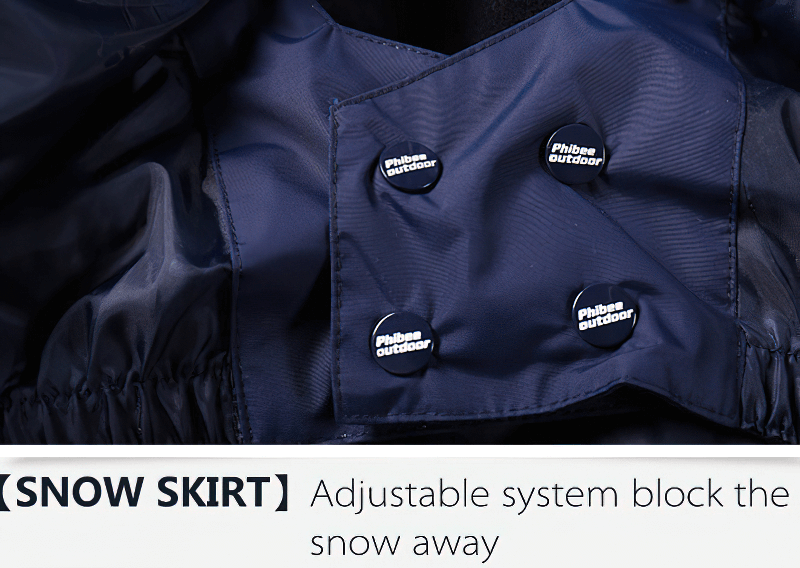 Close-up of adjustable snow skirt in men's ski jacket SF0857, blocks snow and provides warmth.