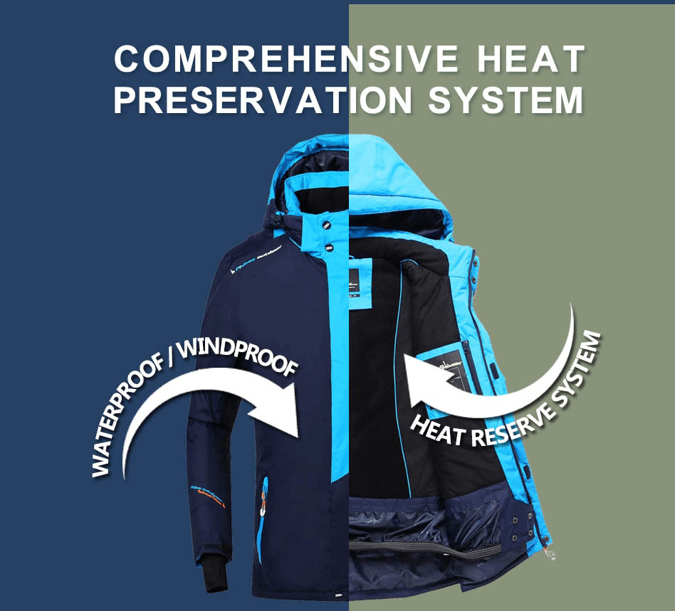 Men's micro fleece ski jacket with detachable hood showcasing heat preservation, waterproof, windproof, and insulated design.