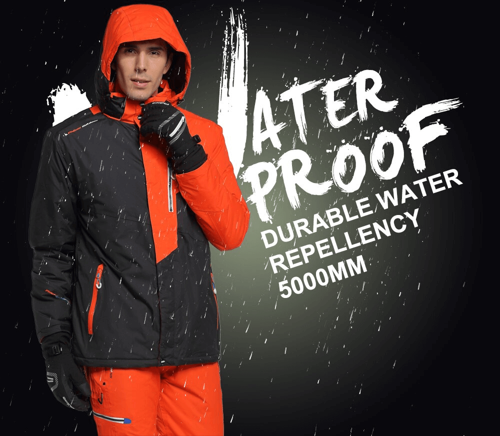 Men's waterproof ski jacket with detachable hood, featuring durable water repellency of 5000mm, designed for extreme cold weather.