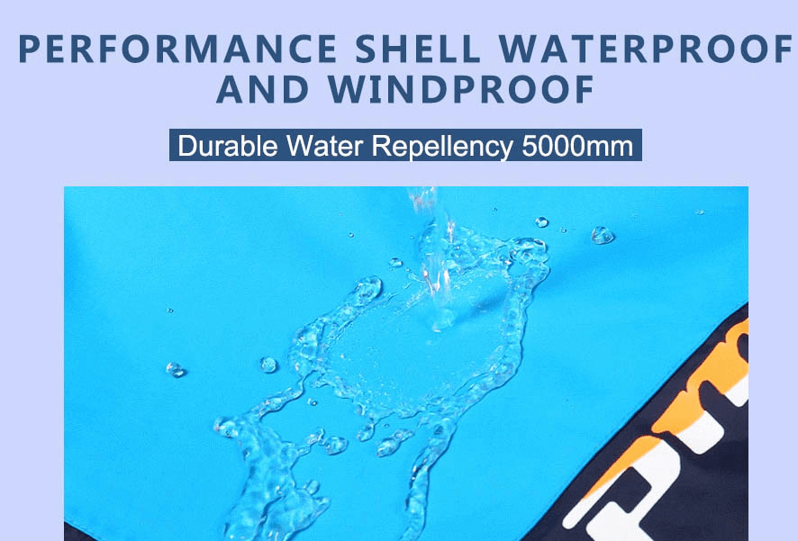 Close-up of blue waterproof ski jacket showcasing water repellent 5000mm feature, highlighting performance shell and windproof qualities.