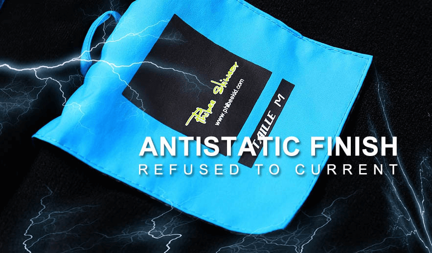 Close-up of antistatic finish tag on a blue fabric with lightning graphic, highlighting its electricity resistant feature.