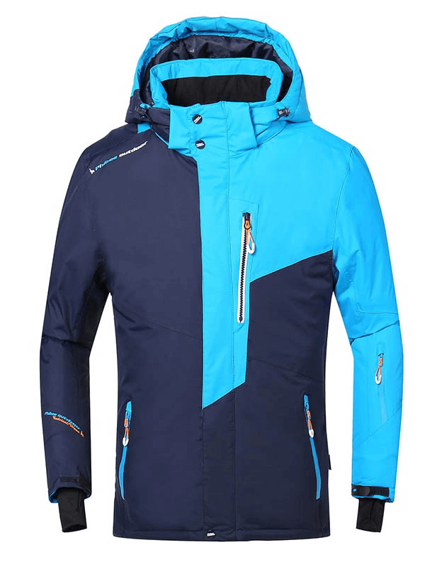 Men's blue ski jacket with micro fleece lining, detachable hood, waterproof and windproof features, perfect for cold weather skiing - SF0857.