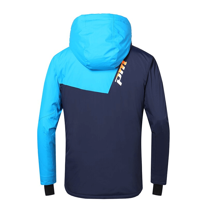 Men's micro fleece ski jacket with detachable hood, features windproof, waterproof fabric. Blue and black design, perfect for skiing.