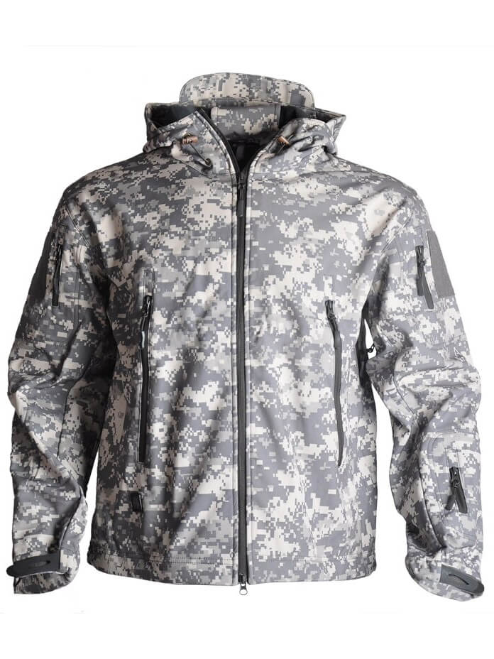 Men's camo tactical jacket with hood, waterproof and windproof, perfect for hiking and camping, features multiple pockets - SF0424