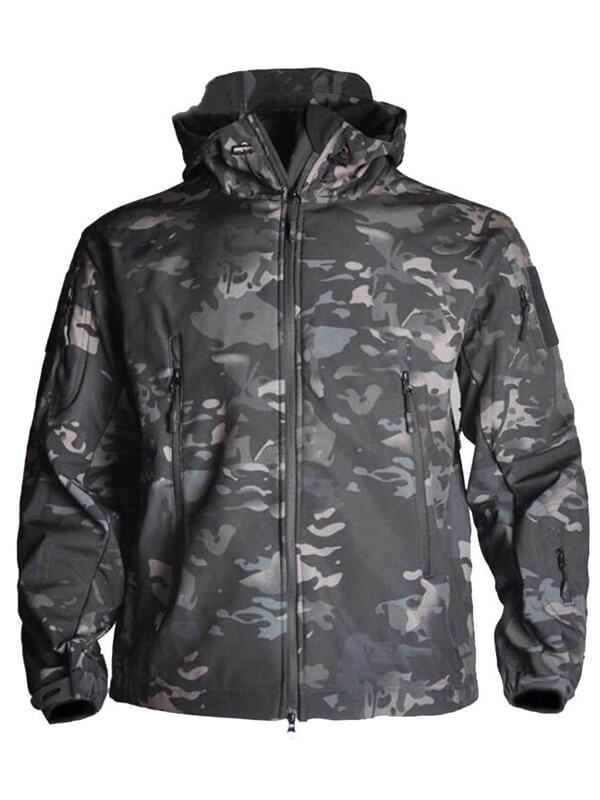 Men's black camo tactical jacket with hood, waterproof and thermal, ideal for outdoor adventures like hiking and camping.