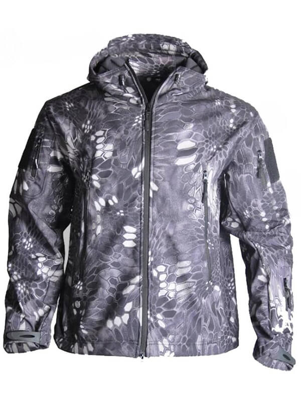 Men's Military Tactical Warm Jacket SF0424 in camouflage design, featuring hood and pockets, durable and weather-resistant.