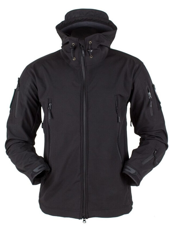Men's military tactical warm jacket with hood and pockets, waterproof and windproof, in black. Ideal for camping and hiking.