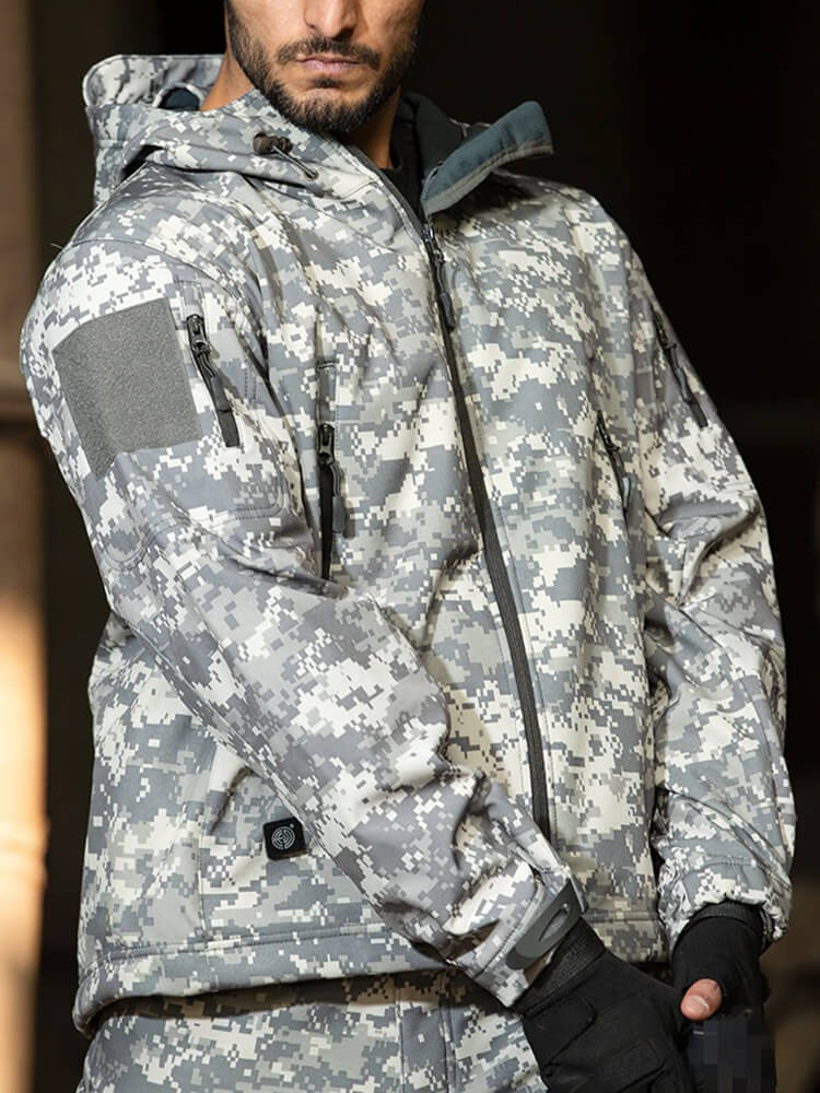 Men's military tactical warm jacket with hood, camo pattern, showing waterproof and windproof design. Ideal for camping and hiking.