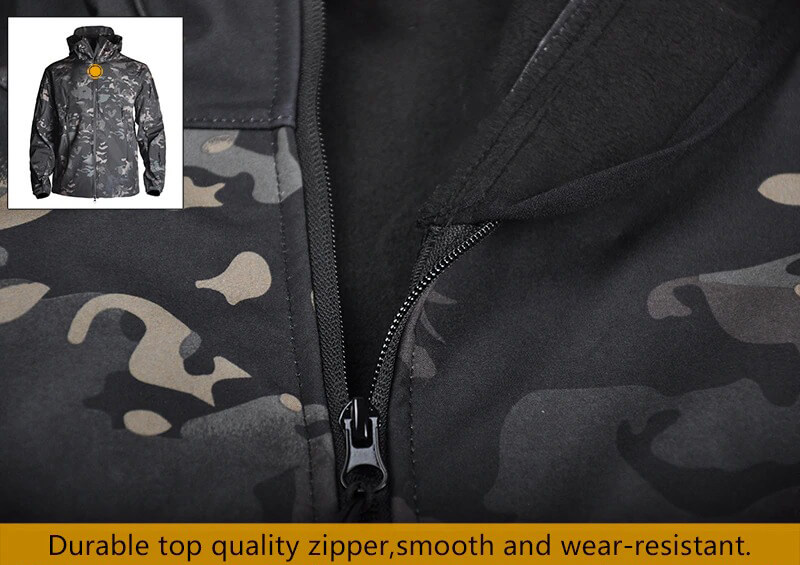 Close-up of men's military tactical jacket in camouflage, featuring a durable, smooth zipper and wear-resistant material.