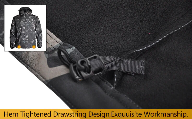 Close-up of men's military tactical jacket showing drawstring and fabric; ideal for camping, waterproof and thermal features highlighted.