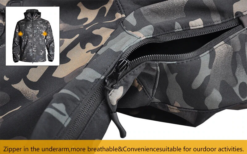 Close-up of Men's Military Tactical Warm Jacket in camouflage with underarm zipper for breathability, highlighted design features inset.