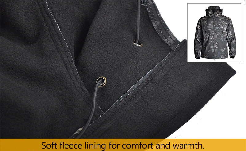 Close-up of men's military tactical jacket showing soft fleece lining with inset of full jacket view, ideal for outdoor activities.