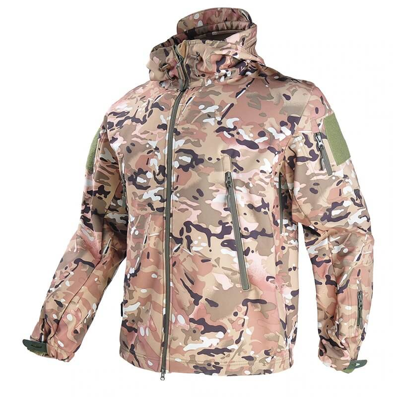 Men's military tactical waterproof jacket with hood, camouflage design, perfect for hiking, camping. Features pockets and thermal comfort.