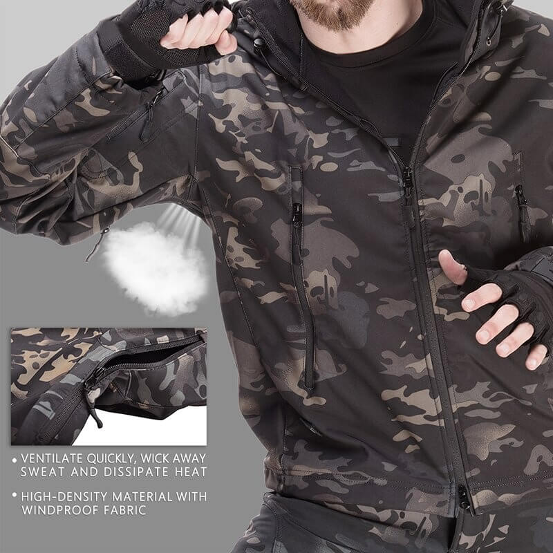 Men's Military Tactical Warm Jacket with Hood, Camo Design, Waterproof, Windproof, Thermal Features - Perfect for Camping and Hiking