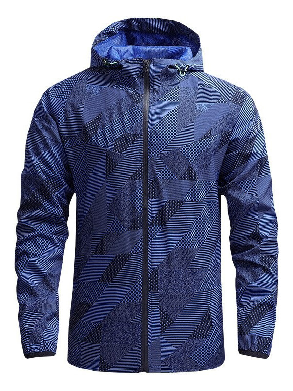 Men's mountaineering jacket in blue with geometric patterns, featuring a windproof and quick-drying design. Style: SF0456.