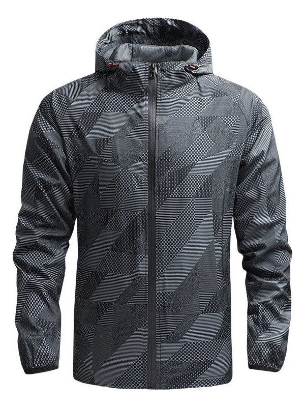 Men's mountaineering jacket with a geometric pattern, designed for windproof and waterproof protection. Lightweight and quick-drying style.