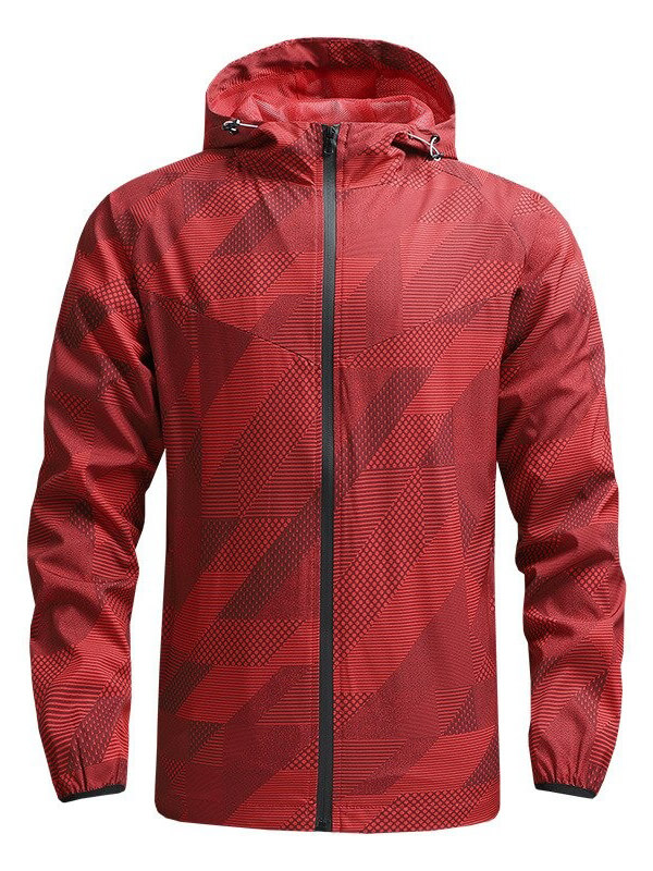 Men's quick-drying red mountaineering jacket, windproof and waterproof, with a stylish geometric pattern, ideal for outdoor adventures.