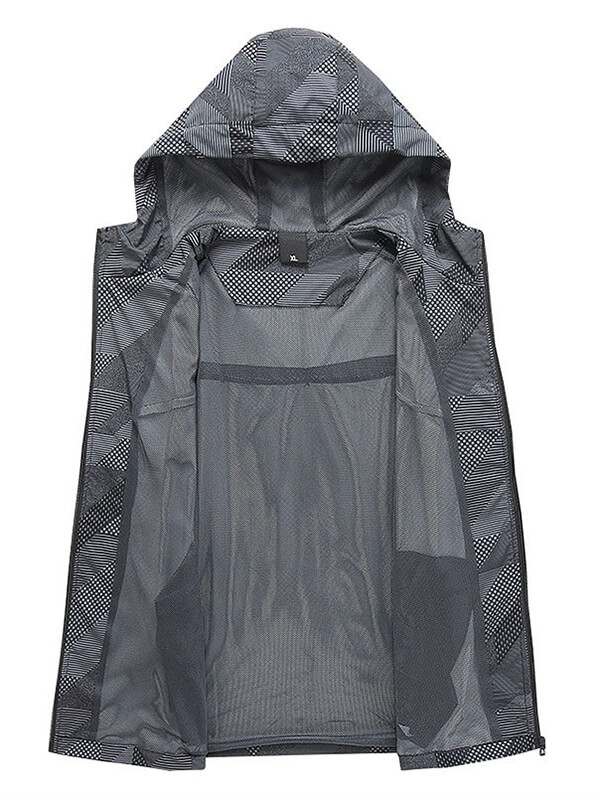 Men's quick-drying mountaineering jacket open view showcasing windproof, waterproof fabric; perfect for outdoor adventures.