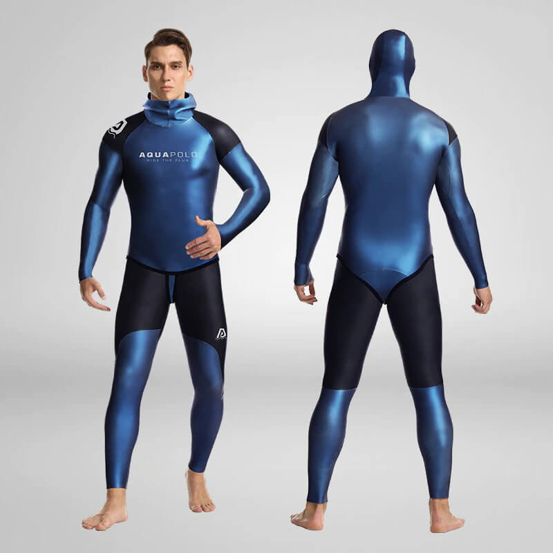 Two men wearing blue men's neoprene hooded wetsuits for spearfishing, showcasing front and back views, designed for warmth and flexibility.