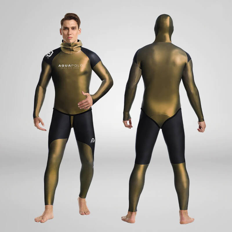 Men's neoprene hooded wetsuit for spearfishing, front and back view, durable 3mm material offers warmth and UV protection in water.