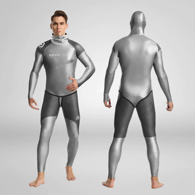 Front and back view of Men's Neoprene Keep Warm Hooded Wetsuit for Spearfishing, showing its sleek design and protective hood.