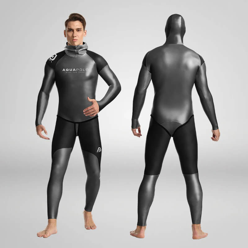 Front and back view of men's neoprene hooded wetsuit, ideal for spearfishing and diving, showcasing durability and warmth for water sports.